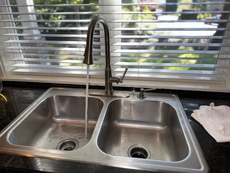Stainless double-bowl sink with new brushed nickel pulldown faucet running water