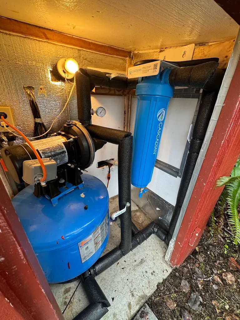 Well pressure tank and Cascadian whole-house filter with insulated lines in a pump house — Water Treatment & Filtration Systems for Fircrest homes
